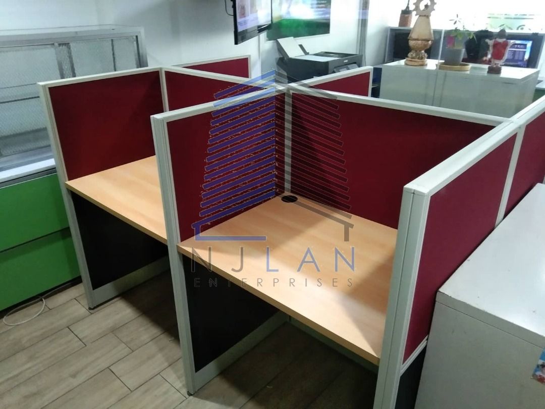 Office Workstations Cubicles - Burgundy Fabric Panels (Category: Office Furniture & Fixtures) located in Caloocan City. Submitted by boldwind_7b70cf (Listing ID 1463385321, Image 2). Description: - Set of office workstations - Burgundy fabric partitions - Light wood desk surfaces - Built-in cable management cutouts - Ideal for creating individual workspaces - Sold as a complete set - Inquire for questions.