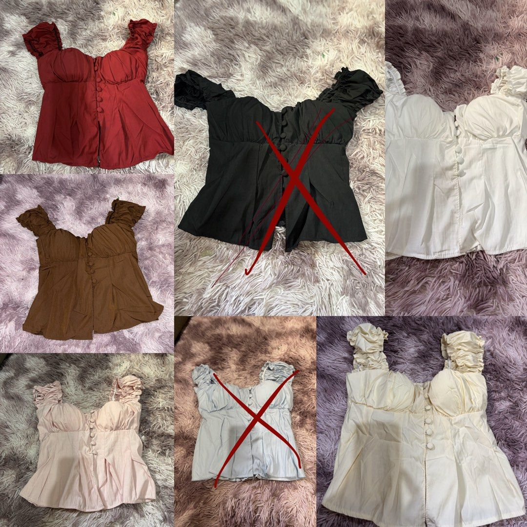 Off-shoulder puff sleeve button-up tops (Category: Blouses) located in Caloocan City. Submitted by niki.niki. (Listing ID 1463534744, Image 1). Description: - Cute off-shoulder design - Puff sleeves for a stylish look - Functional button-up front - Available colors: Red, Brown, White, Pink, Cream - Versatile for night outs or casual days - Easily pairs with any bottoms.