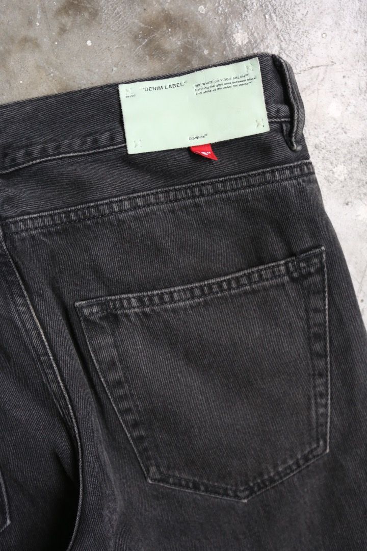 Off-White - S/S 18 - Firetape-Logo Denim Jean (Category: Jeans) located in Manila. Submitted by graymatter_ (Listing ID 1463443414, Image 3). Description: Off-White - S/S 18 - Firetape-Logo Denim Jean Tagged Size: 30 Fit: Slim Condition: 9/10 Flaws: Removed Main Tag Material: 100% Cotton Zipper: YKK Made in: Italy Dimensions Waist: 33 Inseam: 32 Crotch: 12 Thigh: 11 Leg Opening: 6.5 .
