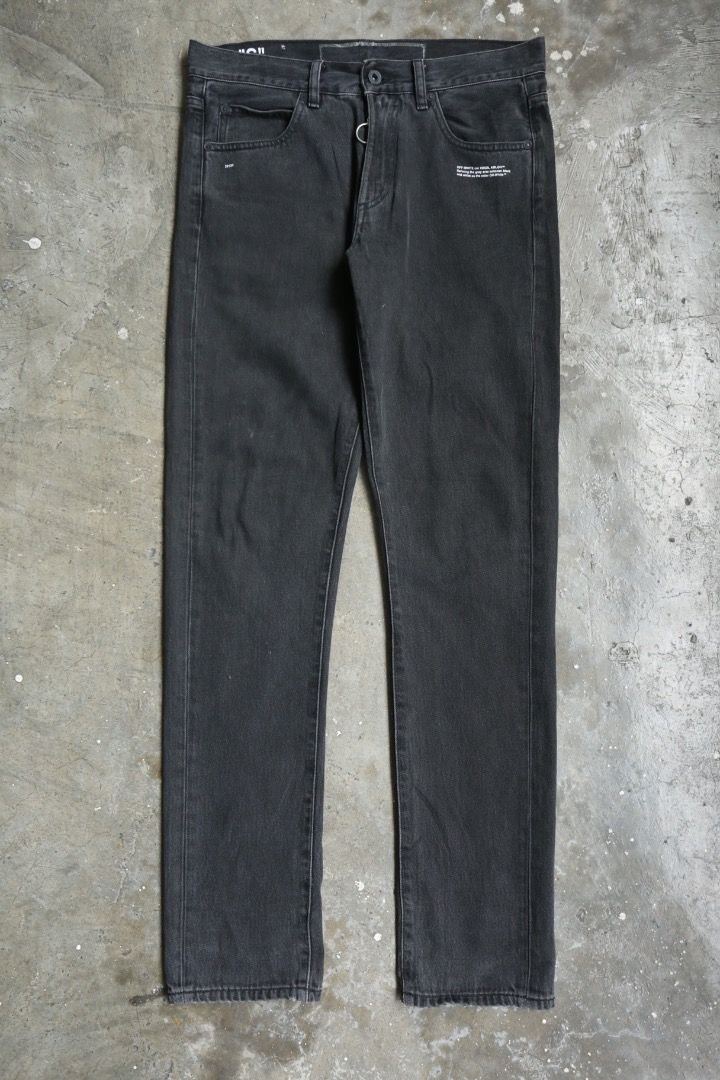Off-White - S/S 18 - Firetape-Logo Denim Jean (Category: Jeans) located in Manila. Submitted by graymatter_ (Listing ID 1463443414, Image 2). Description: Off-White - S/S 18 - Firetape-Logo Denim Jean Tagged Size: 30 Fit: Slim Condition: 9/10 Flaws: Removed Main Tag Material: 100% Cotton Zipper: YKK Made in: Italy Dimensions Waist: 33 Inseam: 32 Crotch: 12 Thigh: 11 Leg Opening: 6.5 .