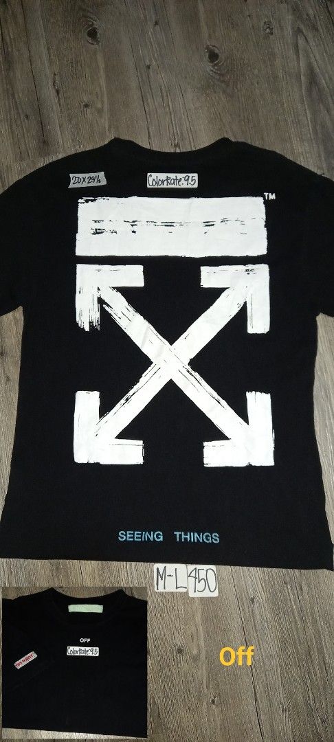OFF-WHITE "Seeing Things" (Category: Tshirts & Polo Shirts ) located in Imus. Submitted by pampie (Listing ID 1463547931, Image 1). Description: - Black OFF-WHITE T-Shirt - Iconic Arrow Graphic - "Seeing Things" Text Detail - Size: M-L (fits Medium to Large) - Measurements: 20" Width x 29" Length - Condition: Great, well-maintained - Ready for its new owner!.