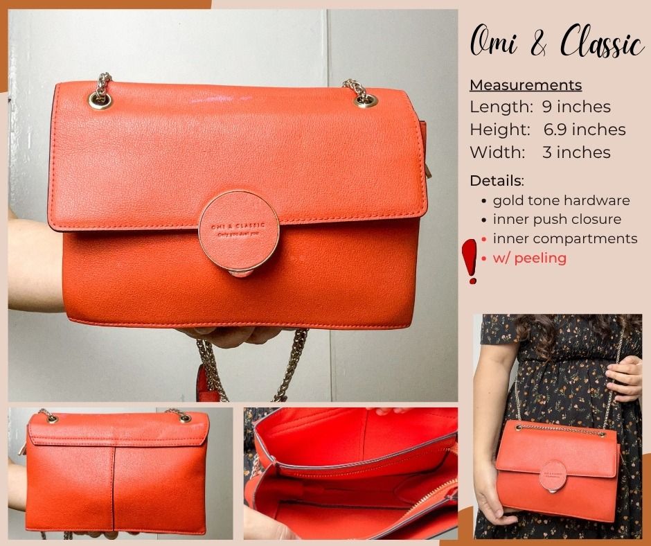 Orange Omi & Classic - (Code: B235) (Category: Cross-body Bags) located in Mandaluyong City. Submitted by thriftandiapreloved (Listing ID 1463434734, Image 1). Description: Items are used/preloved/ukay2x, in good or slightly used condition. Please check remarks in RED font color for the flaws observed. If none indicated, none observed po. Measurements are also indicated in the photo. Thank you!.