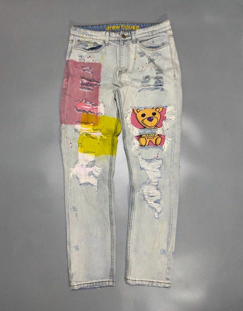 Original Drew House Bear Series Distressed Patchwork Jeans 👖 (Category: Luxury Apparel) located in Cebu City. Submitted by luxurycollectionhouse (Listing ID 1463489252, Image 2). Description: Size 32 On Tag🏷️ Waistline: 32-33. Length: 42. Brand Owner|Co-Founder Is Justin Bieber👑.