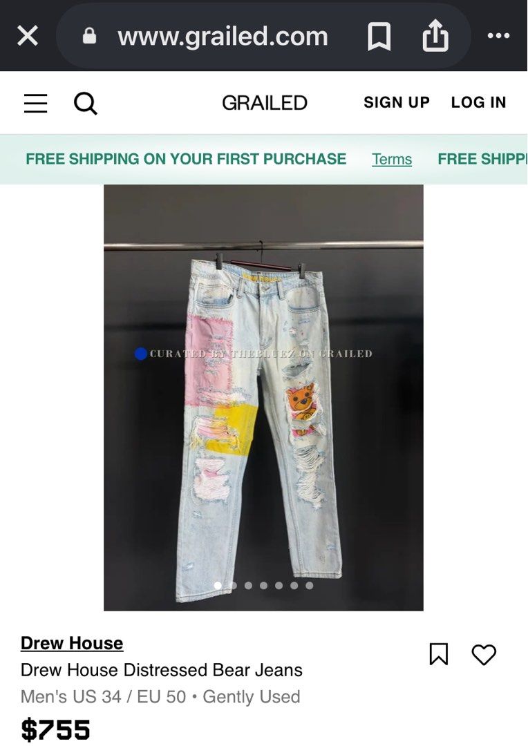Original Drew House Bear Series Distressed Patchwork Jeans 👖 (Category: Luxury Apparel) located in Cebu City. Submitted by luxurycollectionhouse (Listing ID 1463489252, Image 1). Description: Size 32 On Tag🏷️ Waistline: 32-33. Length: 42. Brand Owner|Co-Founder Is Justin Bieber👑.