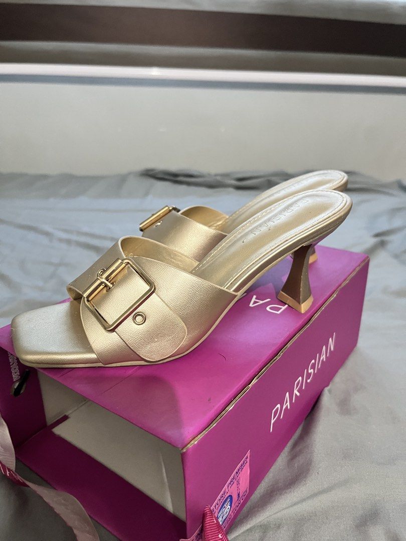PARISIAN Gold Sandals (Category: Heels) located in Manila. Submitted by evies.prlvd (Listing ID 1463351488, Image 2). Description: Decluttering my Parisian heels, used once only for event - Brand: PARISIAN - Style: Gold Heeled Mules - Design: Square toe with gold buckle detail.