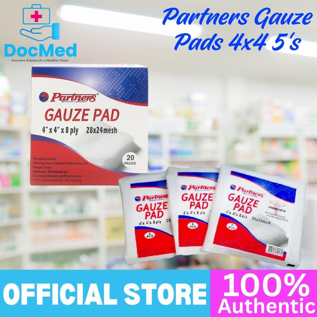 PARTNERS GAUZE PAD 4X4 5's (Category: Medical Supplies & Tools) located in Quezon City. Submitted by zee_010200 (Listing ID 1463353240, Image 2). Description: - Brand: Partners - Product: Gauze Pad - Size: 4x4 inches - Quantity: 5 pieces per pack - Material: Absorbent gauze - Usage: First aid, wound care - Gentle on skin.