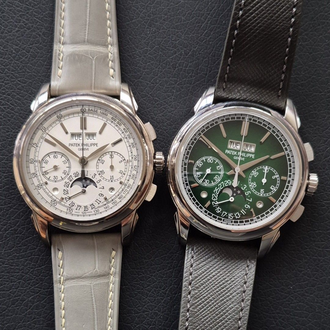 Patek Philippe 5270P-014 (Category: Watches) located in Singapore. Submitted by goh7777 (Listing ID 1463395101, Image 3). Description: Patek Philippe 5270P-014 Perpetual Calendar Chronograph in mint condition and under factory warranty until 2029 for sale. Full set with US AD stamped Certificate of Origin (dated Aug-2024), envelope, solid case back, stylus, leather folder, manuals, cleaning cloth, wooden box and outer boxes. Fitted on an aftermar