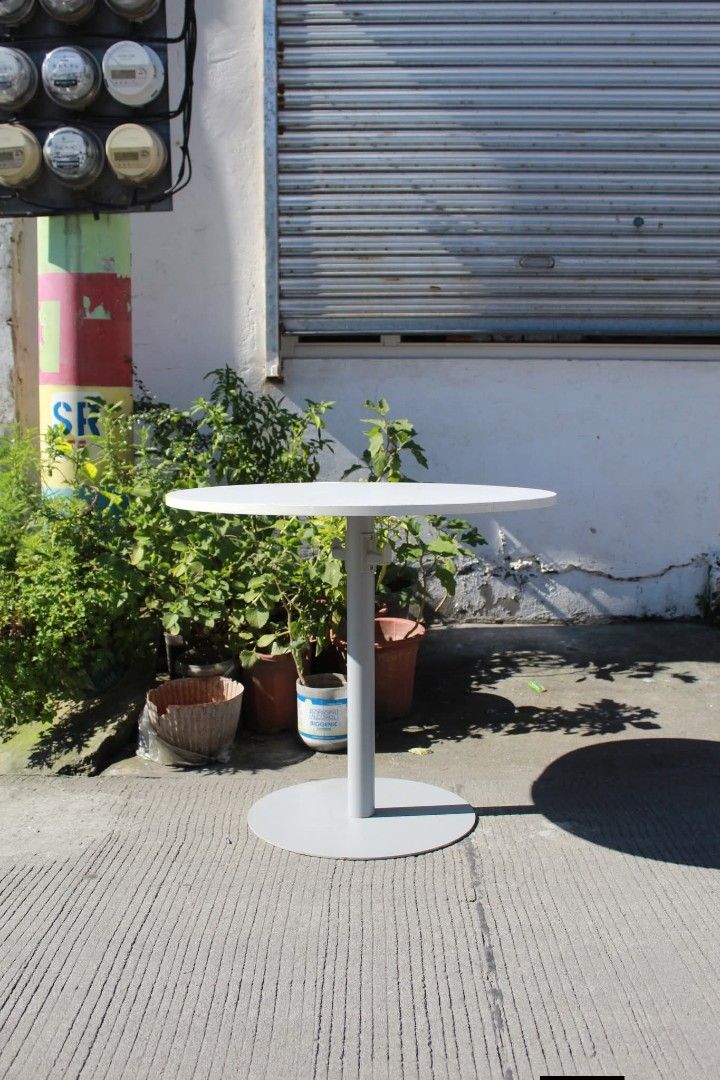 Pedestal Cafe Table (Category: Tables & Sets) located in Meycauayan. Submitted by marygracecasimiro (Listing ID 1463385528, Image 1). Description: Round Minimalist Pedestal Cafe Table White tabletop and sturdy metal base in a neutral grey finish. Its space-saving design provides ample legroom and is perfect for cafes, dining areas, balconies, offices or compact spaces L:31 ½ • W:31 ½ • H:27 ¾ inches 3,800 pesos only🩷🧡 #highlightsシ゚ #followersan