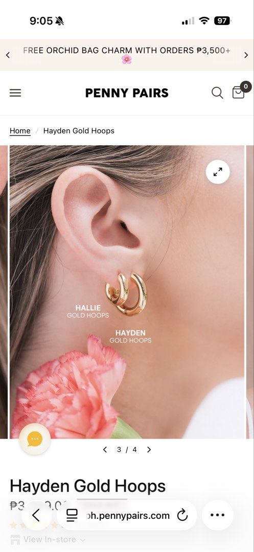 Penny Pairs Hallie Gold Hoops (Category: Earrings) located in Manila. Submitted by melodygrac51411 (Listing ID 1463473538, Image 3). Description: - Penny Pairs Hallie Gold Hoops - Smaller size - Made of gold - Comes with original pouch - Includes polishing cloth - Ideal for everyday wear.