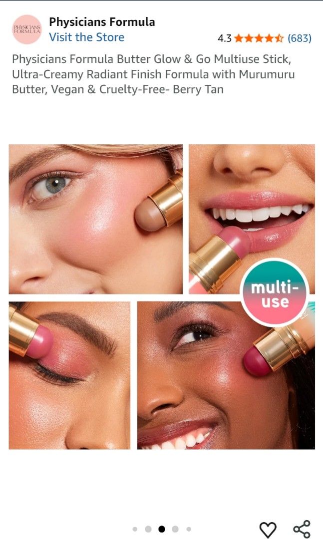 Physicians Formula Butter Glow & Go Multiuse Stick (Category: Makeup) located in Las Pinas. Submitted by organizeaway (Listing ID 1458932021, Image 3). Description: - Physicians Formula Butter Glow & Go Stick - Shade: Berry Tan - Multiuse: Apply on cheeks, eyes, and lips - Infused with Murumuru Butter - Net Weight: 10g / 0.35 Oz - swatched only - srp:1200.