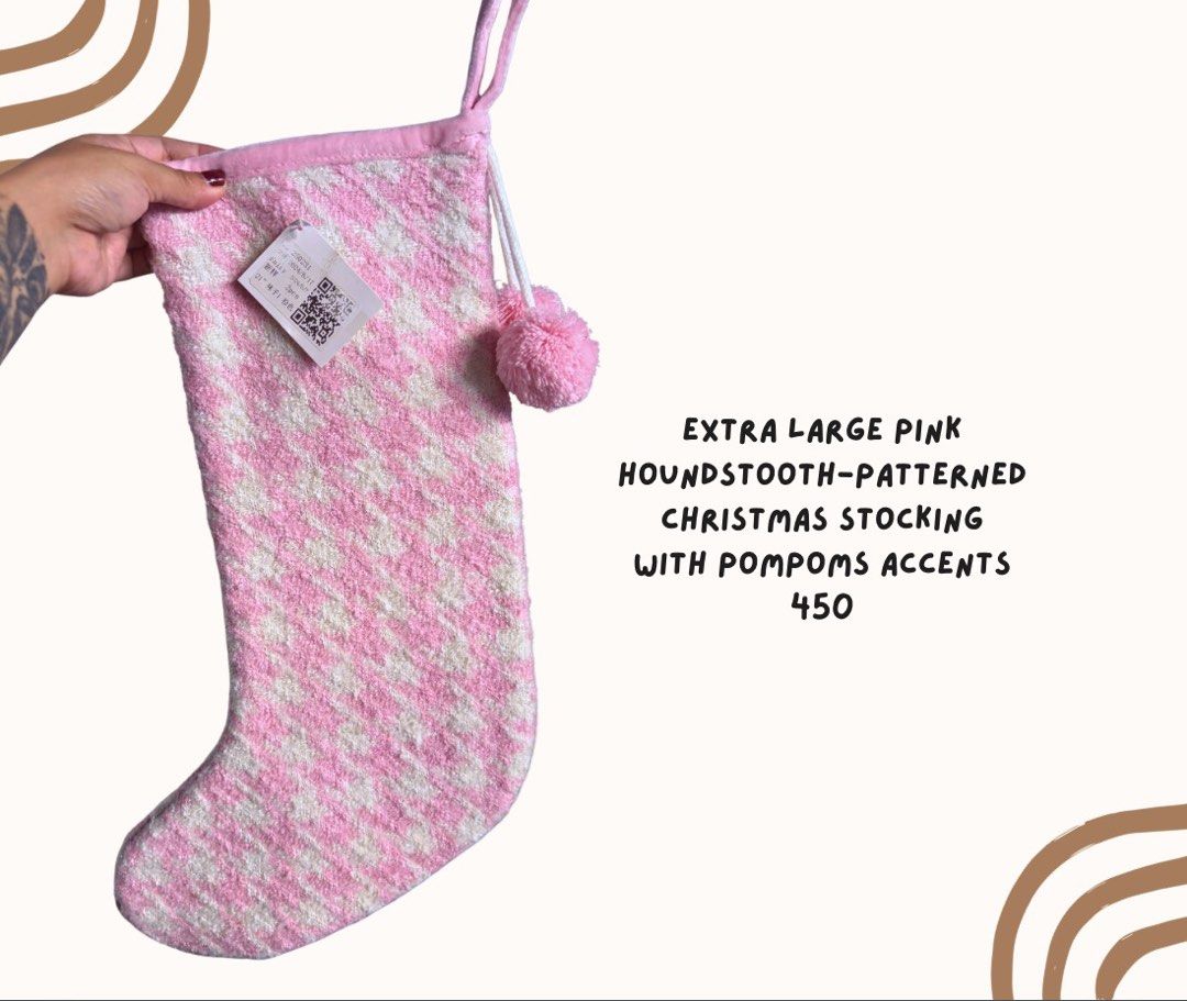 Pink Houndstooth Pattern with Pompoms accent XL Christmas Stocking (Category: Other Home Decor) located in Pasig City. Submitted by homeyvibesph (Listing ID 1463420935, Image 1). Description: .