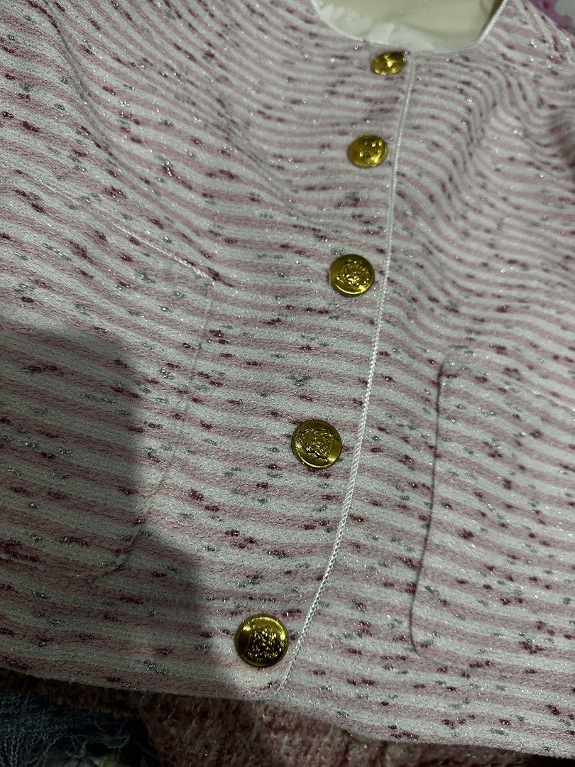 Pink Tweed Cropped Jacket with Gold Buttons (Category: Coats, Jackets and Outerwear) located in Manila. Submitted by everythingsale101 (Listing ID 1463445977, Image 2). Description: - Cute pink tweed cropped jacket - Features gold buttons on front and cuffs - Subtle shimmer fabric for a touch of elegance - Perfect for layering or wearing on its own - Ideal for creating a chic look - Versatile for dressing up or down Fits up to Large (38-40 bust) 