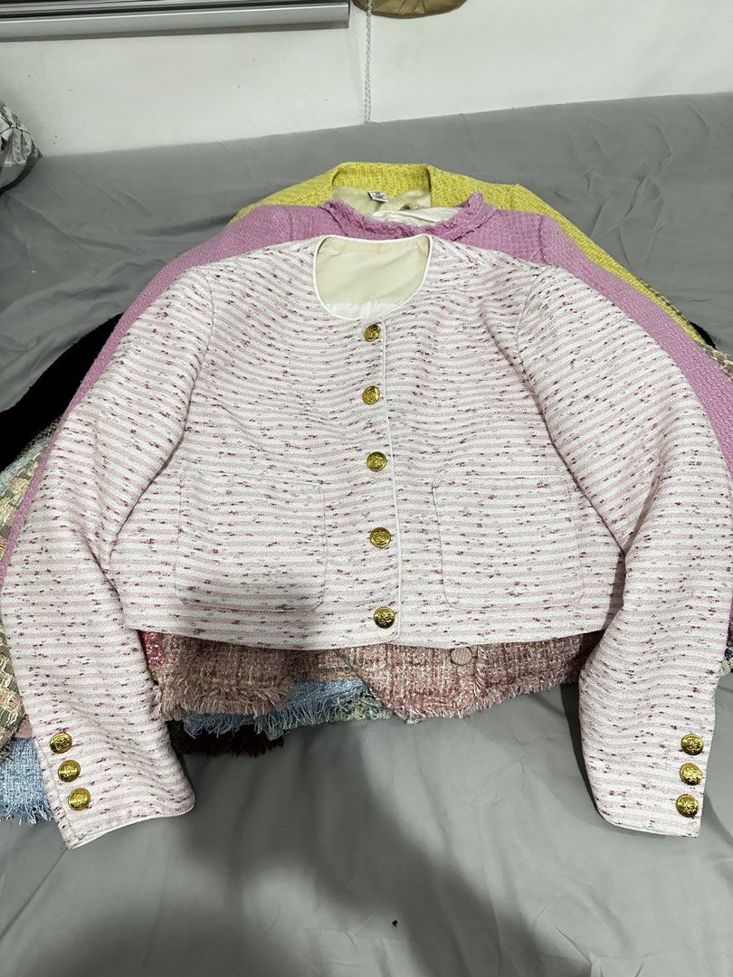 Pink Tweed Cropped Jacket with Gold Buttons (Category: Coats, Jackets and Outerwear) located in Manila. Submitted by everythingsale101 (Listing ID 1463445977, Image 1). Description: - Cute pink tweed cropped jacket - Features gold buttons on front and cuffs - Subtle shimmer fabric for a touch of elegance - Perfect for layering or wearing on its own - Ideal for creating a chic look - Versatile for dressing up or down Fits up to Large (38-40 bust) 