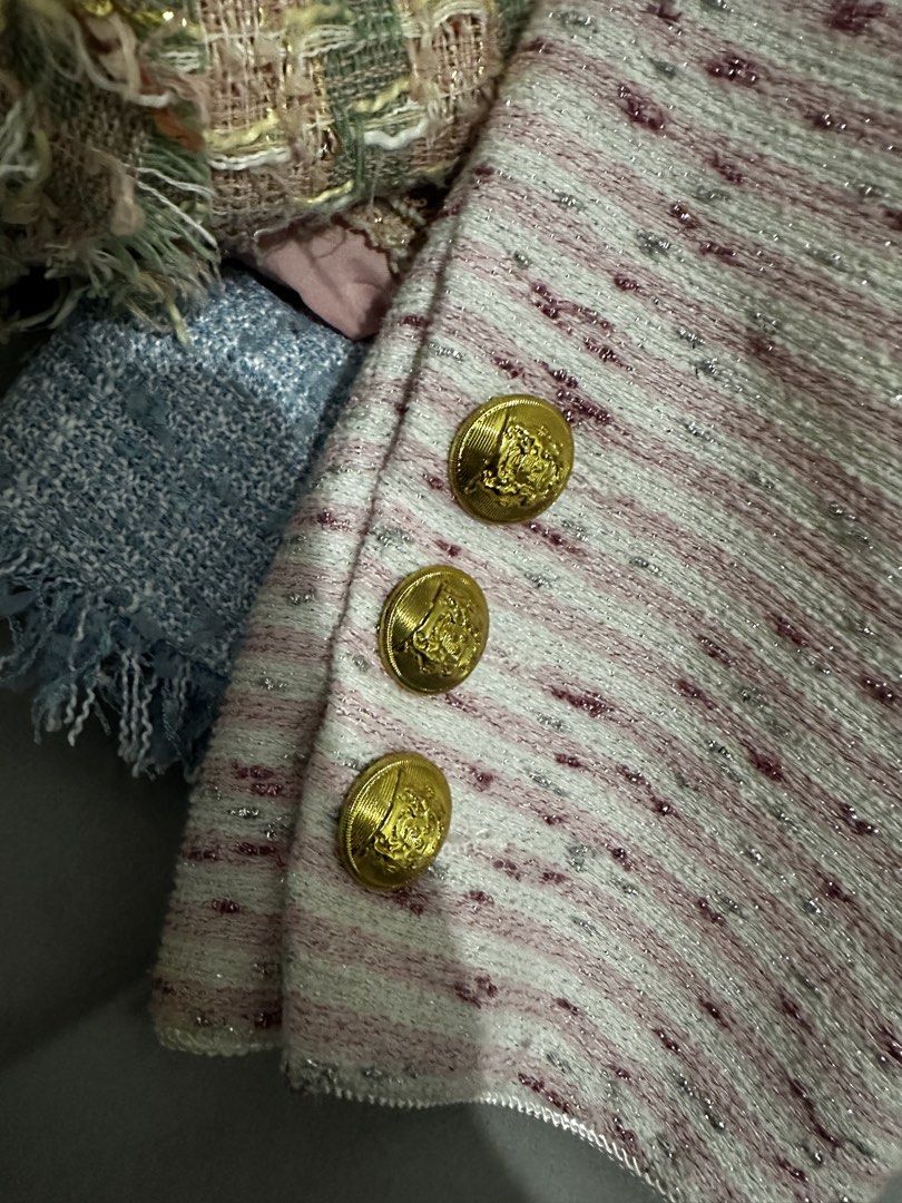 Pink Tweed Cropped Jacket with Gold Buttons (Category: Coats, Jackets and Outerwear) located in Manila. Submitted by everythingsale101 (Listing ID 1463445977, Image 3). Description: - Cute pink tweed cropped jacket - Features gold buttons on front and cuffs - Subtle shimmer fabric for a touch of elegance - Perfect for layering or wearing on its own - Ideal for creating a chic look - Versatile for dressing up or down Fits up to Large (38-40 bust) 