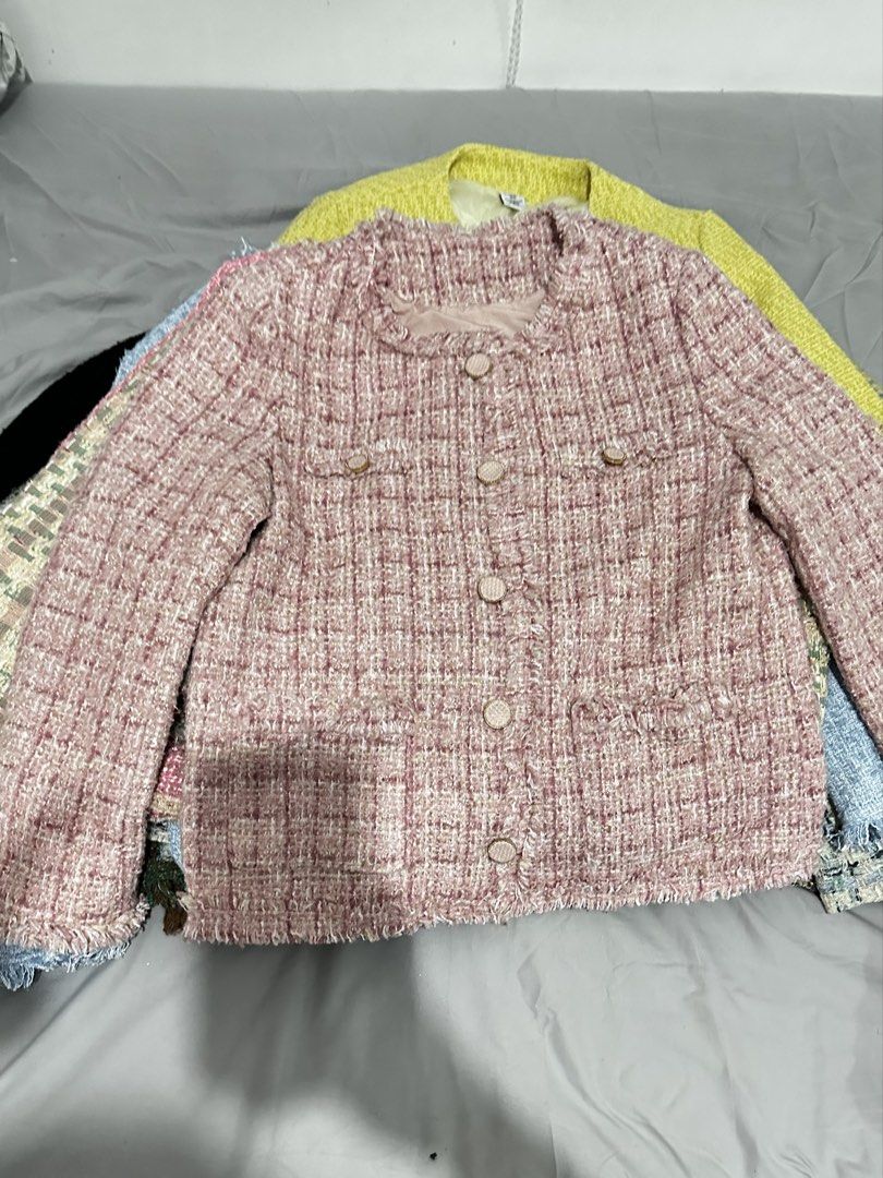 Pink Tweed Jacket with Button Detail (Category: Coats, Jackets and Outerwear) located in Manila. Submitted by everythingsale101 (Listing ID 1463470802, Image 1). Description: - Adorable pink tweed jacket - Classic collarless design - Button closures - Trendy frayed hem for added texture - Multiple front pockets - Versatile for casual (with jeans) or dressed-up looks - Ideal for layering Fits M-L (up to 38 bust) -Premium Tweed Blazers bundle avail