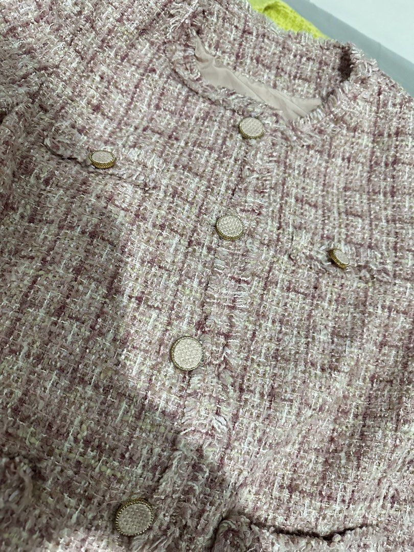 Pink Tweed Jacket with Button Detail (Category: Coats, Jackets and Outerwear) located in Manila. Submitted by everythingsale101 (Listing ID 1463470802, Image 3). Description: - Adorable pink tweed jacket - Classic collarless design - Button closures - Trendy frayed hem for added texture - Multiple front pockets - Versatile for casual (with jeans) or dressed-up looks - Ideal for layering Fits M-L (up to 38 bust) -Premium Tweed Blazers bundle avail