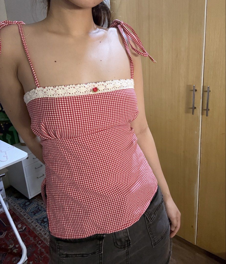 plaid red top y2k self tie lace (Category: Others Tops) located in Mabalacat. Submitted by mnaniii (Listing ID 1463407556, Image 1). Description: .