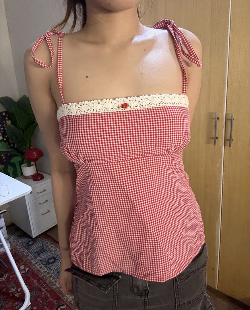 plaid red top y2k self tie lace (Category: Others Tops) located in Mabalacat. Submitted by mnaniii (Listing ID 1463407556, Image 2). Description: .