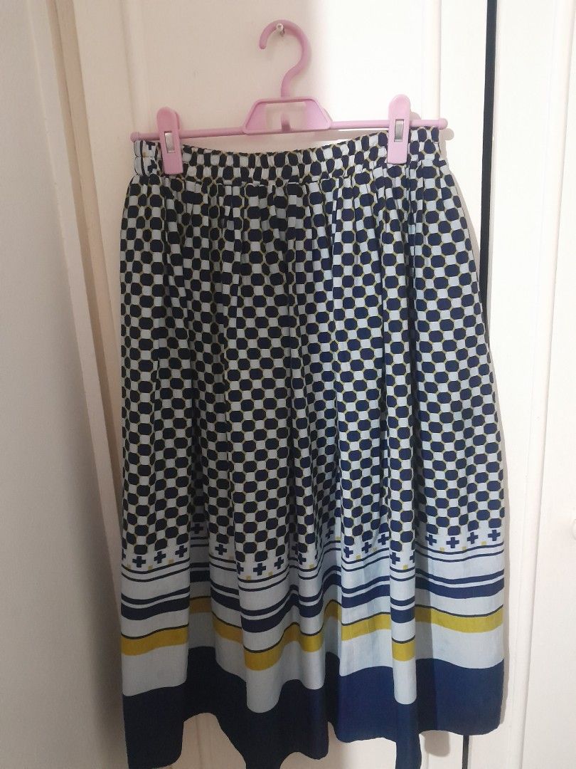 Pleated Skirt (Category: Skirts) located in Quezon City. Submitted by warmturtle.ba931b (Listing ID 1463446103, Image 2). Description: 👗 Pleated Skirt ✨ in a beautiful geometric/checkered design with navy blue, white, and yellow accents 💙 Classic and eye-catching pattern that’s easy to style with a simple top 👗 Approx. length of 29 inches with lovely pleated flow 📏 Approx. waist circumference: up to 33 inches 👌 Ideal for women with a small t