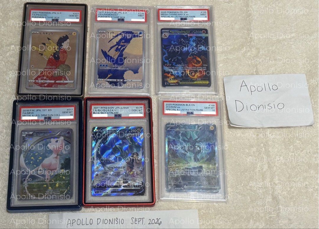 POKEMON SLABS FOR SALE (Category: Graded Singles) located in Manila. Submitted by kims_vault (Listing ID 1461203009, Image 1). Description: 🚨FOR SALE🚨 📈STOCKS MOVING 📈 First Picture: PSA10 Stamped Pikachu 227/S-P ₱239,000 PSA9 Cramorant 226/S-P ₱25,700 PSA9 Mega Charizard X ex SIR PFL EN 125/094 ₱44,000 PSA8 Special Delivery Charizard SWSH075 ₱13,000 PSA10 Mew Japanese Dream Shine Collection UR 017/036 ₱157,000 PSA10 Full Art Rayquaza V Blue 