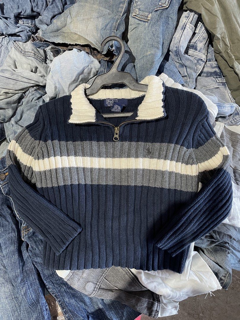 Polo Ralph Lauren quater zip (Category: Babies & Kids Fashion) located in Lucena. Submitted by riyizthriftz (Listing ID 1463496768, Image 1). Description: - Navy blue sweater - White and grey stripes - Ribbed knit - Quarter zip closure - White collar - Made of 100% cotton - Ideal for cooler weather - Good condition - Color rate 9/10.
