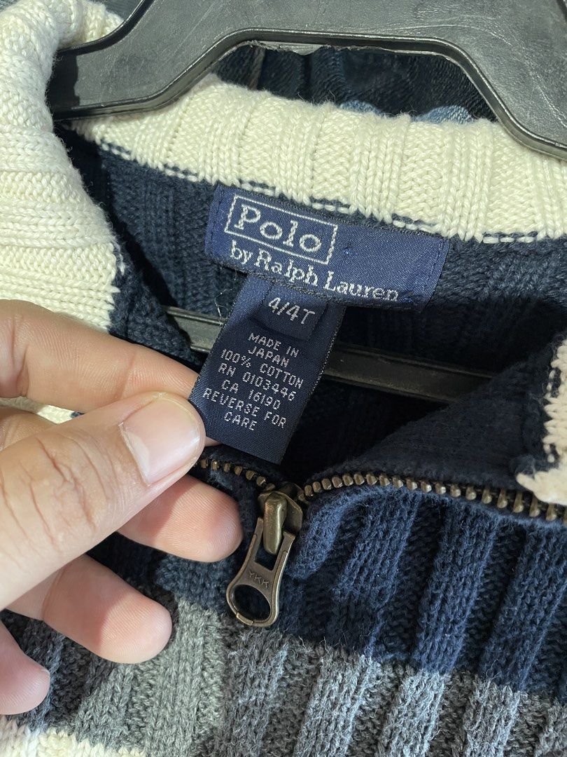 Polo Ralph Lauren quater zip (Category: Babies & Kids Fashion) located in Lucena. Submitted by riyizthriftz (Listing ID 1463496768, Image 2). Description: - Navy blue sweater - White and grey stripes - Ribbed knit - Quarter zip closure - White collar - Made of 100% cotton - Ideal for cooler weather - Good condition - Color rate 9/10.