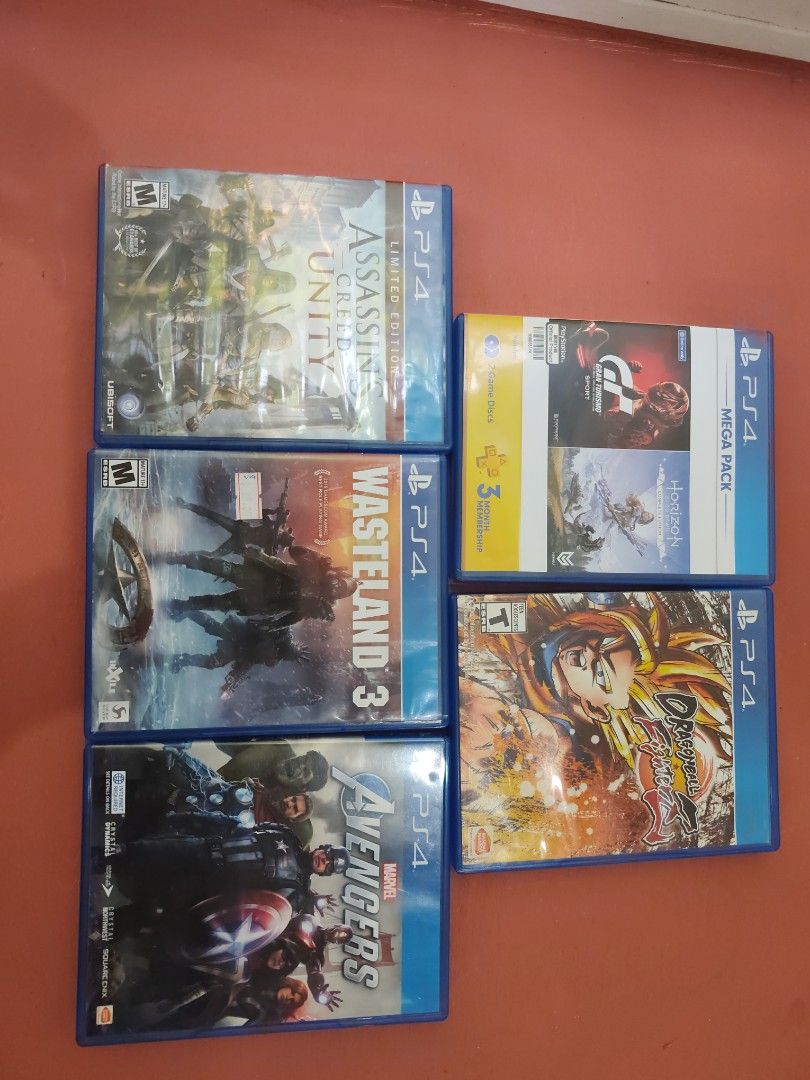 PS4 GAMES FOR SALE (Category: PlayStation) located in Cavite. Submitted by swiftwind_d3e436 (Listing ID 1463345898, Image 2). Description: GRAN TURISMO SPORT/HORIZON ZERO DAWN COMPLETE EDITION BUNDLE (LIKE NEW) - 1.5K ASSASINS CREED UNITY (WELL USED) -250 WASTELAND 3 (UNUSED) - 1.5K AVENGERS (LIKE NEW USED) -750 DRAGON BALL FIGHTER Z -(LIGHTLY USED) - 550.