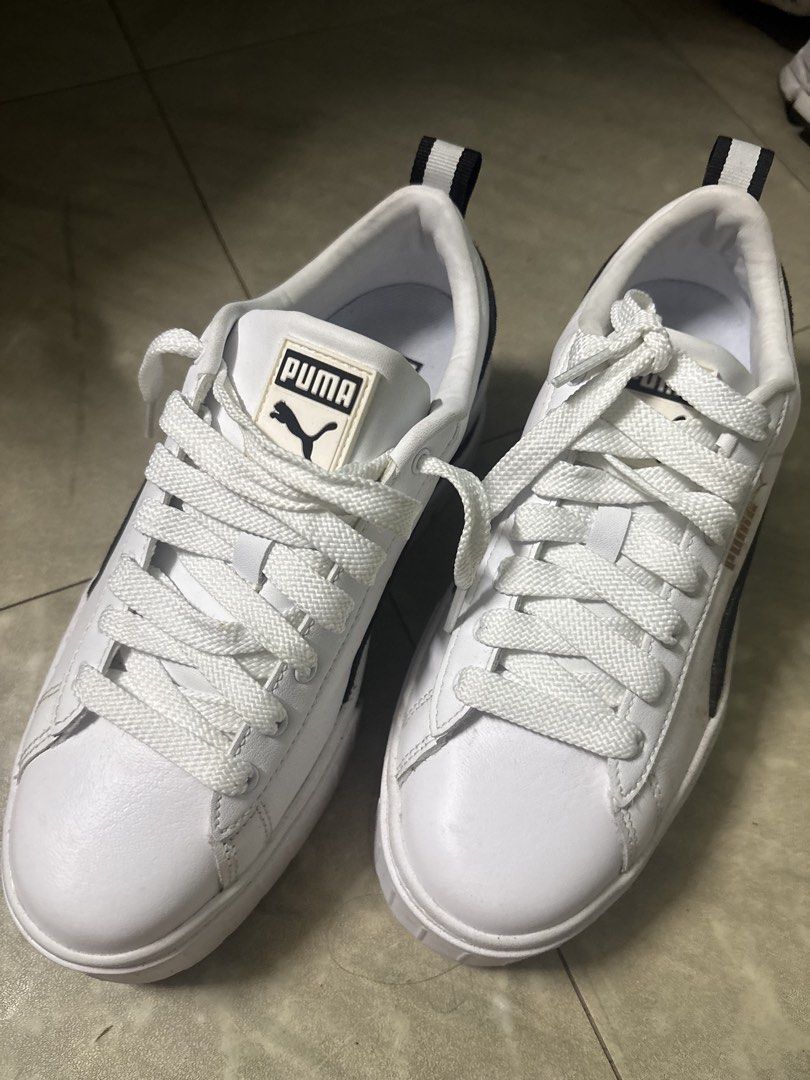 Puma White Platform Sneakers Size 8.5 (Category: Sneakers) located in Cavite. Submitted by sheezselect (Listing ID 1463390955, Image 2). Description: - White Puma platform sneakers - Size: 8.5 - Chunky sole for added height - Gold Puma logo detail - Ideal for casual outfits -Never been used -No box -With few stain but not so noticeable -Selling due to size is too big .