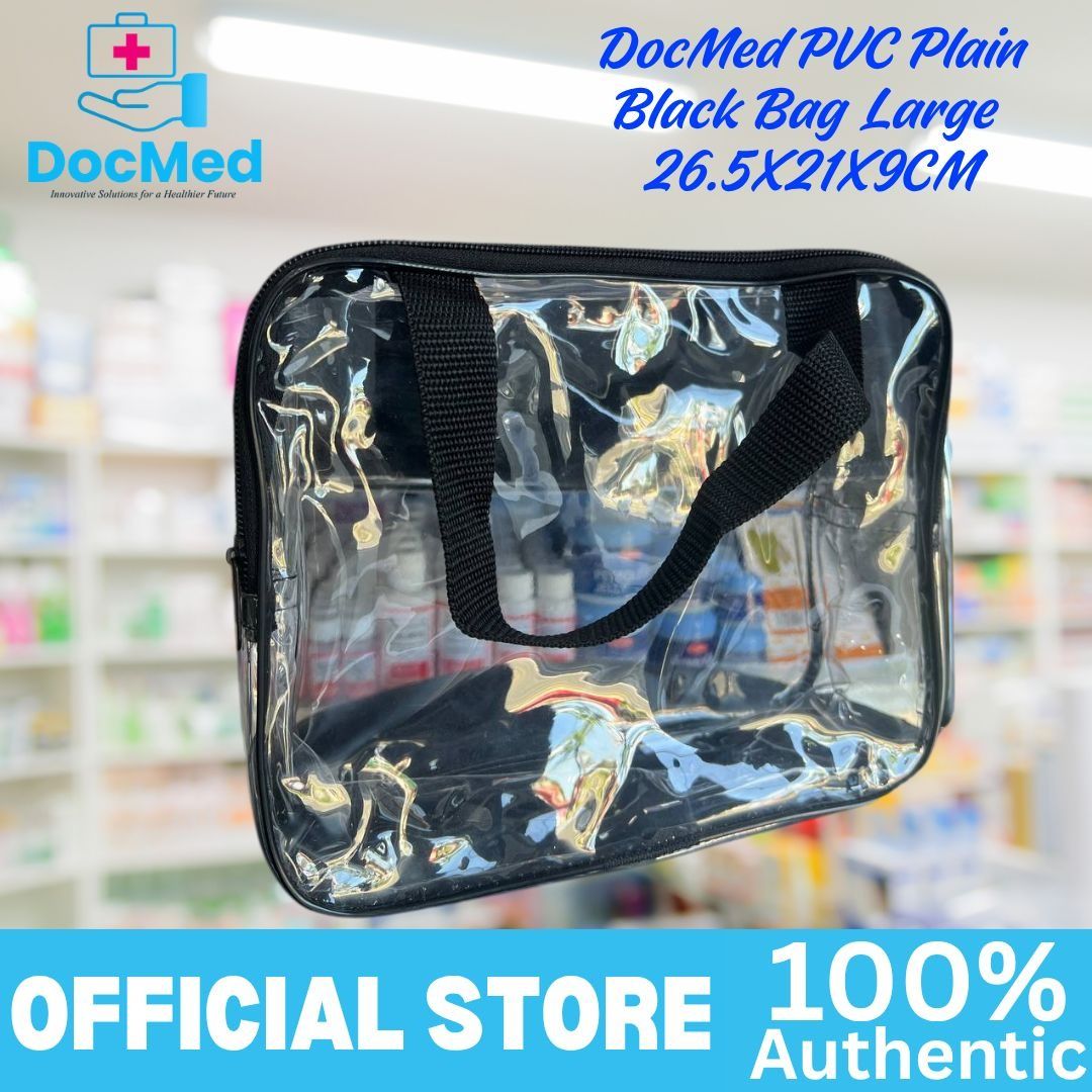PVC Plain Black Lining Bag Large (Category: Looking For) located in Quezon City. Submitted by zee_010200 (Listing ID 1463345249, Image 2). Description: - Color: Plain black with clear material - Dimensions: 26.5 x 21 x 9cm - Features black handles and zipper - Ideal for organizing medical supplies or toiletries.