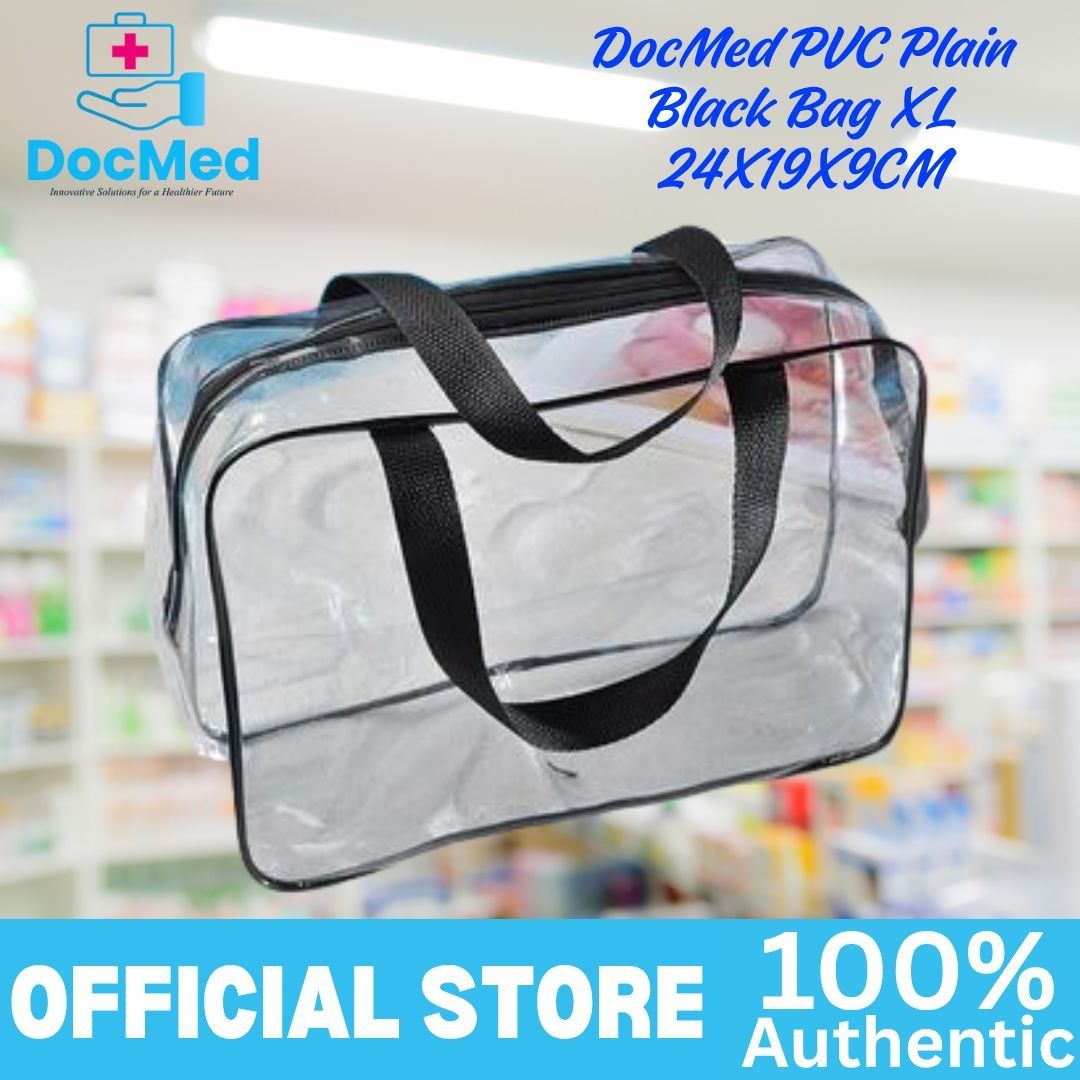 PVC Plain Black Lining Bag XL (Category: Beach Bags) located in Quezon City. Submitted by zee_010200 (Listing ID 1463345887, Image 1). Description: - XL DocMed PVC Bag - Color: Black - Dimensions: 24cm x 19cm x 9cm - Material: Clear PVC with black handles and zipper - Ideal for organizing your essentials - Official store, 100% authentic.