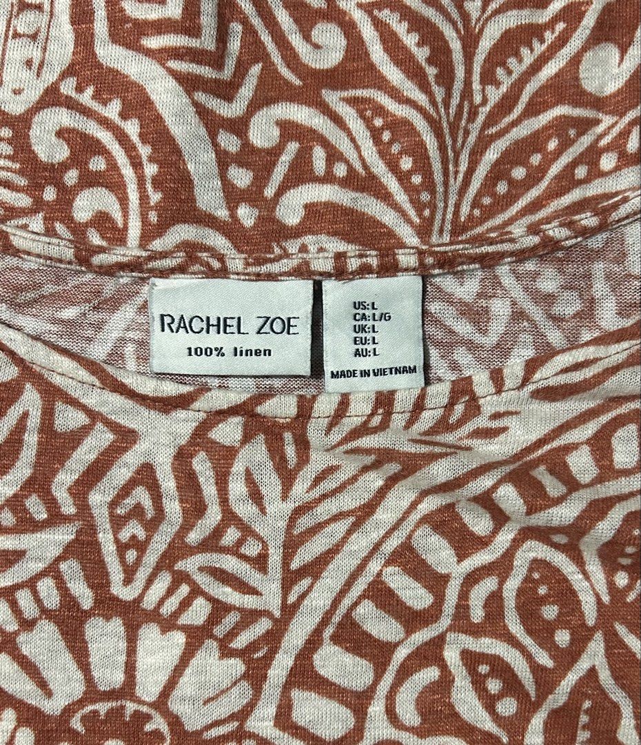RACHEL ZOE (Category: Blouses) located in Davao. Submitted by sart0ria85 (Listing ID 1463499965, Image 3). Description: A terra cotta orange floral and leaf print in 100% LINNEN. MADE IN VIETNAM 🇻🇳 LARGE. Size 8 EXCELLENT CONDITION (96/100).
