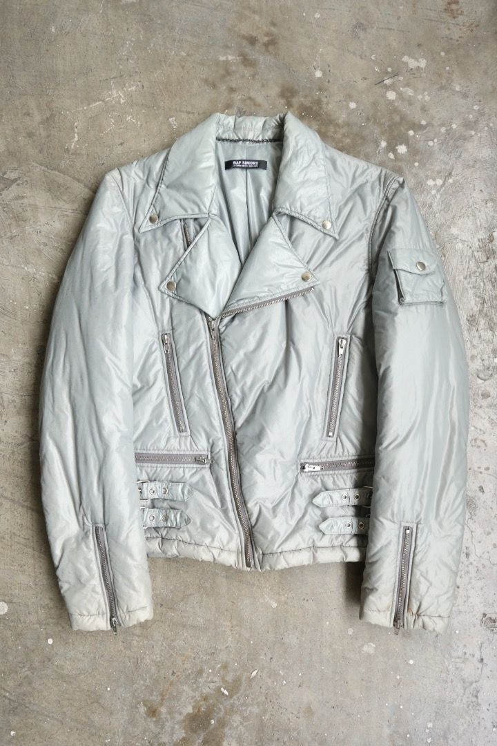Raf Simons - F/W 03 - “Closer” - Rider Down Jacket (Category: Coats, Jackets and Outerwear) located in Manila. Submitted by graymatter_ (Listing ID 1463444689, Image 1). Description: Raf Simons - F/W 03 - “Closer” - Rider Down Jacket Tagged Size: 48 Condition: 8/10 Flaws: Overall Spots, Loose Stitchings on Lining Material: 100% Polyamide Zipper: Opti Made in: Belgium Dimensions Length: 27 Width: 23.5 Shoulder: 19 Sleeve: 27.