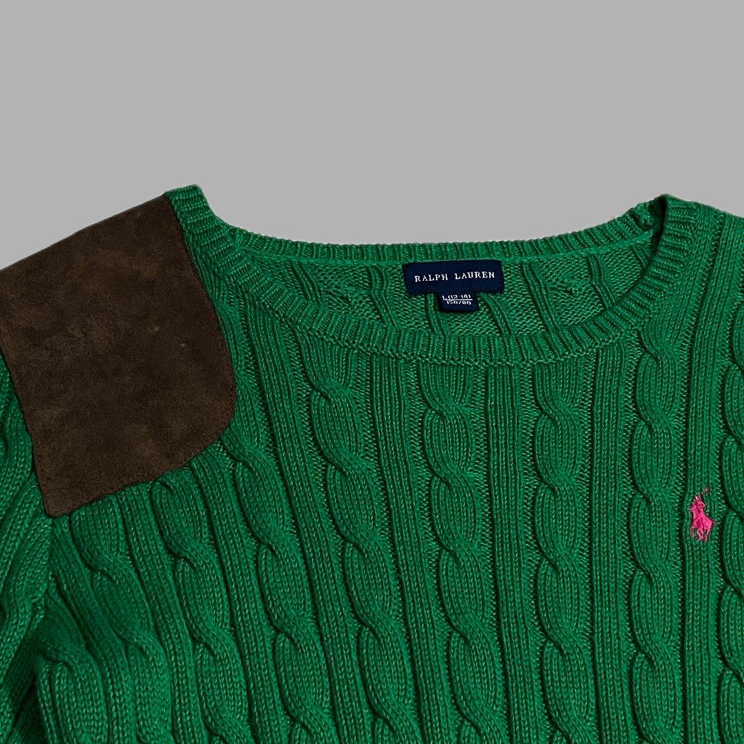 Ralph Lauren Green Cable Knit Sweater with Suede Shoulder Patch (Category: Longsleeves) located in Manila. Submitted by frenzyyyy (Listing ID 1463396552, Image 2). Description: - Brand: Ralph Lauren - Color: Green - Size: Small - Dimes: 17.5 / 22 - Material: Cable knit sweater - Features: Pink embroidered pony logo on chest - Detail: Brown suede patch on left shoulder - Style: Crew neck, long sleeves - Versatile: Perfect for layering or standalon
