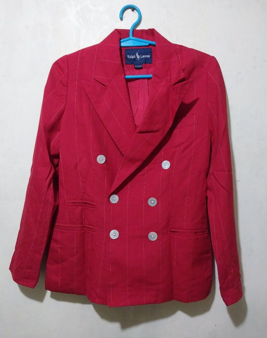 Ralph Lauren Red Pinstripe Double Breasted Blazer (Category: Coats, Jackets and Outerwear) located in Manila. Submitted by PrinceDani.Clothing (Listing ID 1463463472, Image 1). Description: Ralph Lauren red pinstripes blazer Medium fit 18in width 25in length excellent condition .