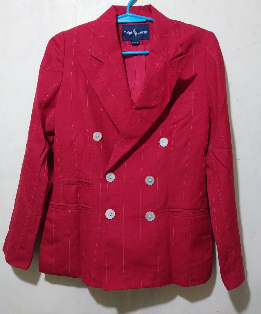 Ralph Lauren Red Pinstripe Double Breasted Blazer (Category: Coats, Jackets and Outerwear) located in Manila. Submitted by PrinceDani.Clothing (Listing ID 1463463472, Image 2). Description: Ralph Lauren red pinstripes blazer Medium fit 18in width 25in length excellent condition .