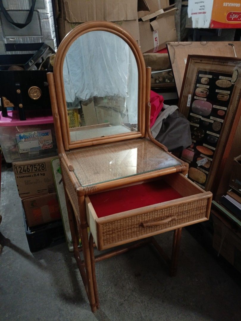Rattan Vanity Table with Mirror and Stool (Category: Tables & Sets) located in Valenzuela. Submitted by feel_lucky (Listing ID 1463438891, Image 3). Description: - Vintage rattan vanity set - Includes mirror and stool - Vanity features a glass top - Drawer with red lining - Stool has a woven seat - Ideal for bedroom or dressing area.