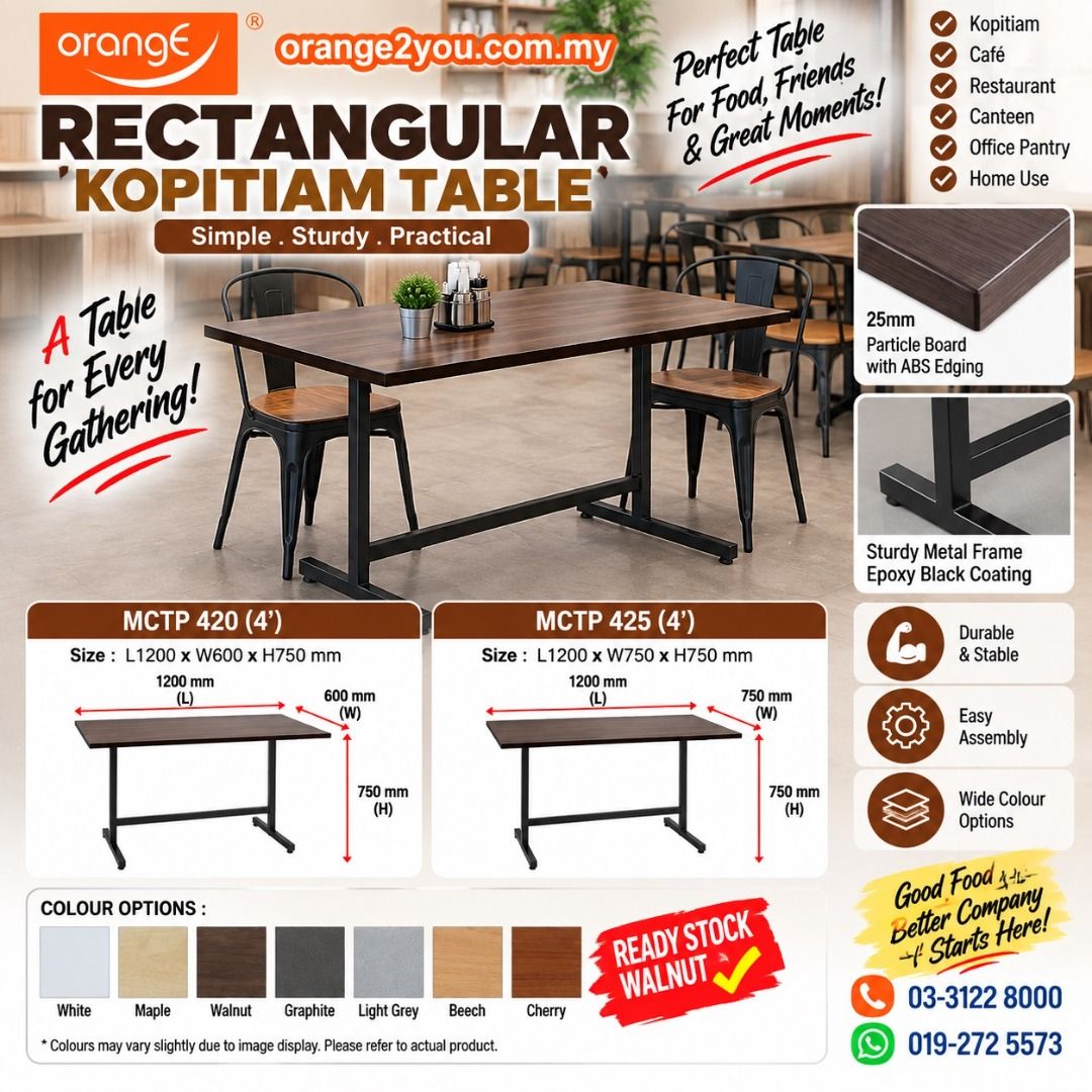 Rectangular Kopitiam Table 4' (Category: Tables & Sets) located in Telok Panglima Garang. Submitted by orange_online_store (Listing ID 1463392772, Image 1). Description: RECTANGULAR KOPITIAM TABLE 4' 🔥 🚚 Delivery Fee RM35 within Klang Valley 🔹 MCTP 420 💰 RM240 📏 L1200 x W600 x H750mm 🔹 MCTP 425 💰 RM270 📏 L1200 x W750 x H750mm ✔ Table Top : Particle Board ✔ Frame : Epoxy Black Metal Frame ✔ Colour Options : White | Maple | Walnut | Graphit