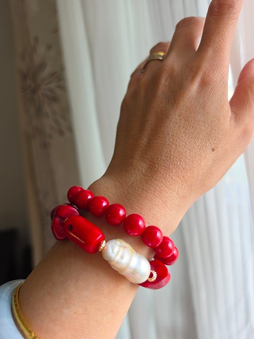 Red Coral Jade Bracelet (Category: Bracelets) located in Manila. Submitted by cavalierdolls (Listing ID 1463369694, Image 1). Description: Red Coral jade with pearl set 2 pcs..