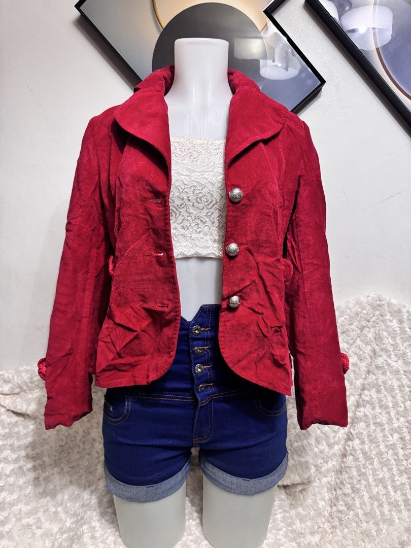 Red Corduroy Cropped Jacket with Silver Buttons (Category: Coats, Jackets and Outerwear) located in Marikina City. Submitted by lorradel (Listing ID 1463471443, Image 1). Description: - fits S-M -Shoulder length: 15.5in - L: 22.5in - Cute red corduroy jacket - Cropped style with flattering fit - Silver button details on front and cuffs - Cinched waist detail at the back - Great for layering.