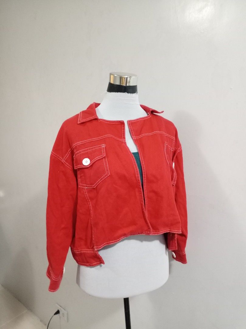 Red denim jacket (Category: Coats, Jackets and Outerwear) located in Paranaque City. Submitted by janella11 (Listing ID 1463342304, Image 3). Description: .