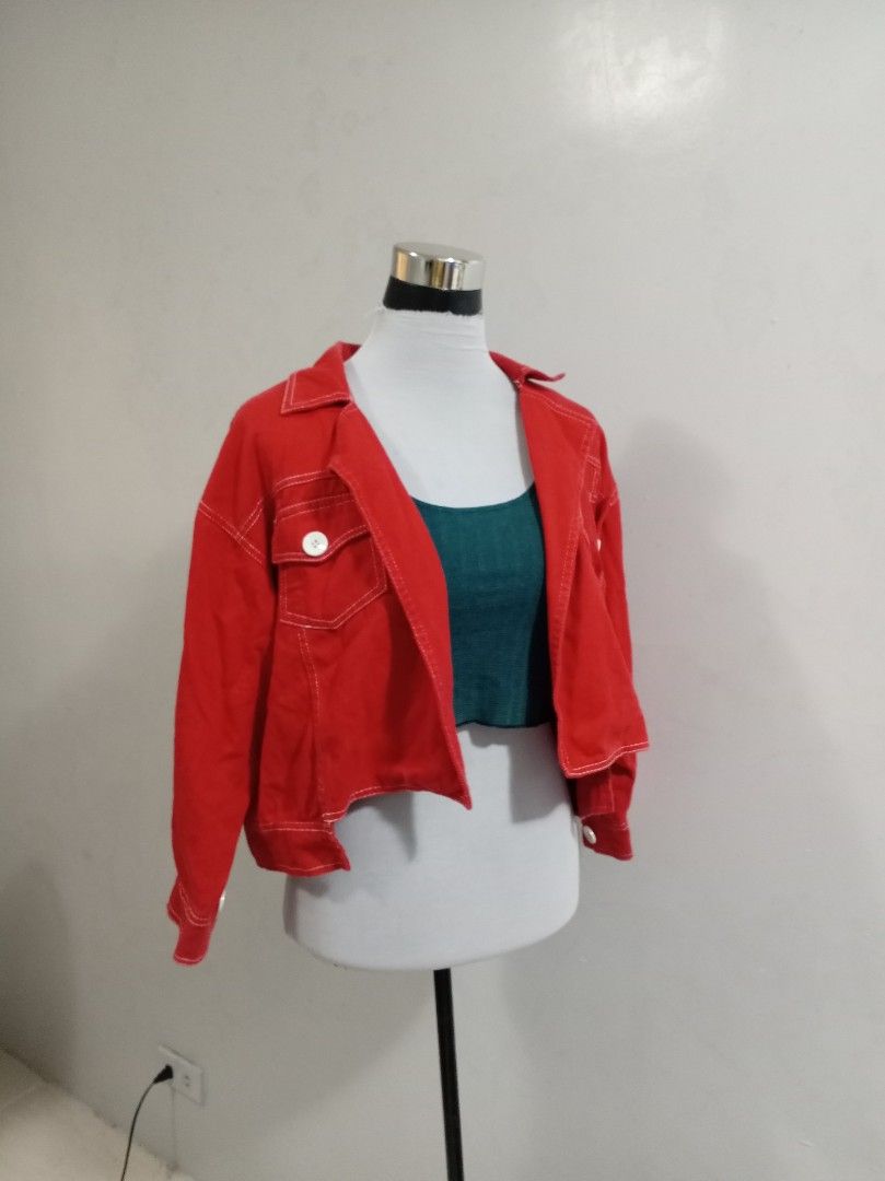 Red denim jacket (Category: Coats, Jackets and Outerwear) located in Paranaque City. Submitted by janella11 (Listing ID 1463342304, Image 2). Description: .
