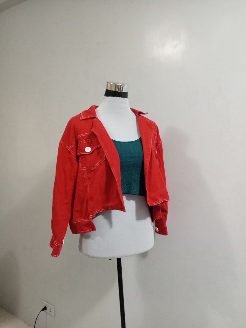 Red denim jacket (Category: Coats, Jackets and Outerwear) located in Paranaque City. Submitted by janella11 (Listing ID 1463342304, Image 1). Description: .