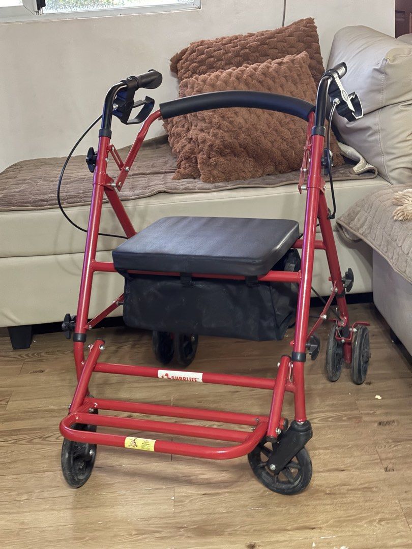 Red Foldable 4-Wheel Walker Rollator with Seat and Bag (Category: Wheelchairs) located in Cavite. Submitted by aubrey223 (Listing ID 1463361707, Image 1). Description: Red walker rollator with a seat and storage bag underneath. Has hand brakes for safety. Wheels make it easy to move around. Folds for storage. Great for mobility assistance. Ready for a new home. bought from Medical Depot in 2025 for 7K .