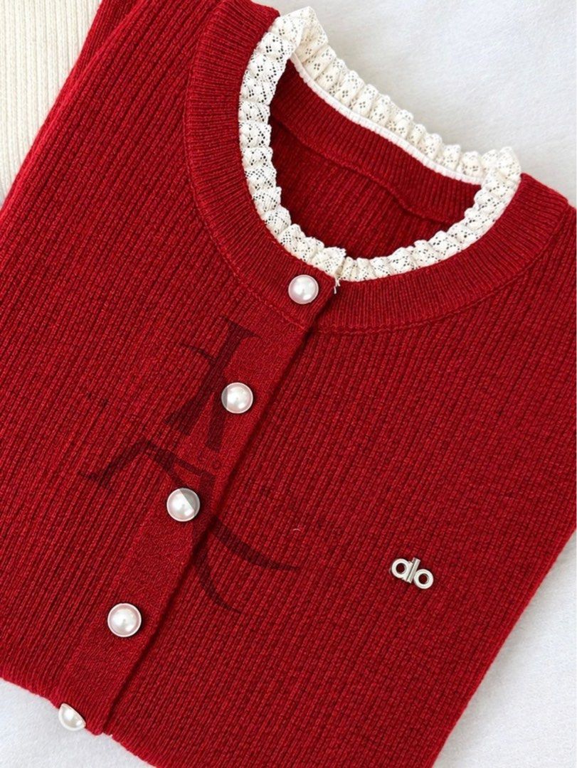 RED- Round Neck Knitted Cardigan (Category: Coats, Jackets and Outerwear) located in Manila. Submitted by ariellelorenco (Listing ID 1463348979, Image 2). Description: 👉🏻Knitted cardigan 👉🏻Stretchable fabric 👉🏻Smooth and soft fabric (non itchy) 👉🏻Can fit up to XL (or more than) 👉🏻Pearl-like buttons (all working buttons) 👉🏻Round neckline with lace details 👉🏻22 in length 👉🏻Bust size up to 40 in max 👉🏻With stitched in metal logo (c