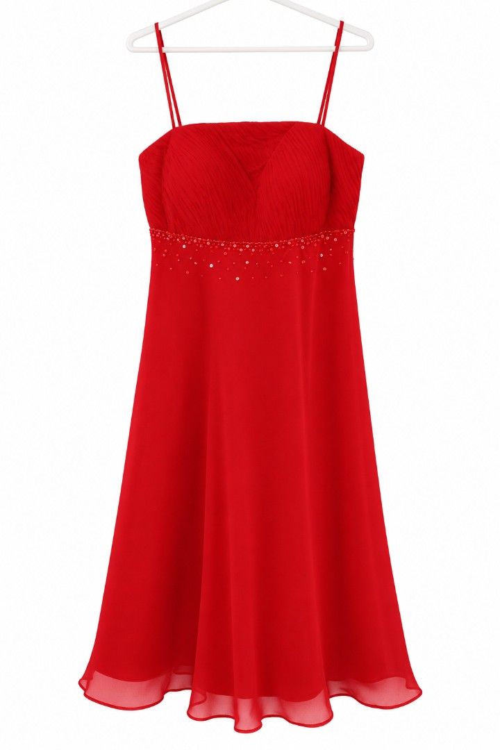 RED SPAGHETTI STRAP DRESS (Category: Dresses) located in Baguio. Submitted by spamwithjake (Listing ID 1463382873, Image 1). Description: Elegant and feminine red dress perfect for formal events, parties, weddings, date nights, dinners, or special occasions ✨ Spaghetti/adjustable-style straps ✨ Ruched/pleated bodice ✨ Delicate bead/sequin detailing around the waist ✨ Flowy chiffon-like skirt with sheer wavy hem ✨ Back zipper closure ✨ Beautiful v