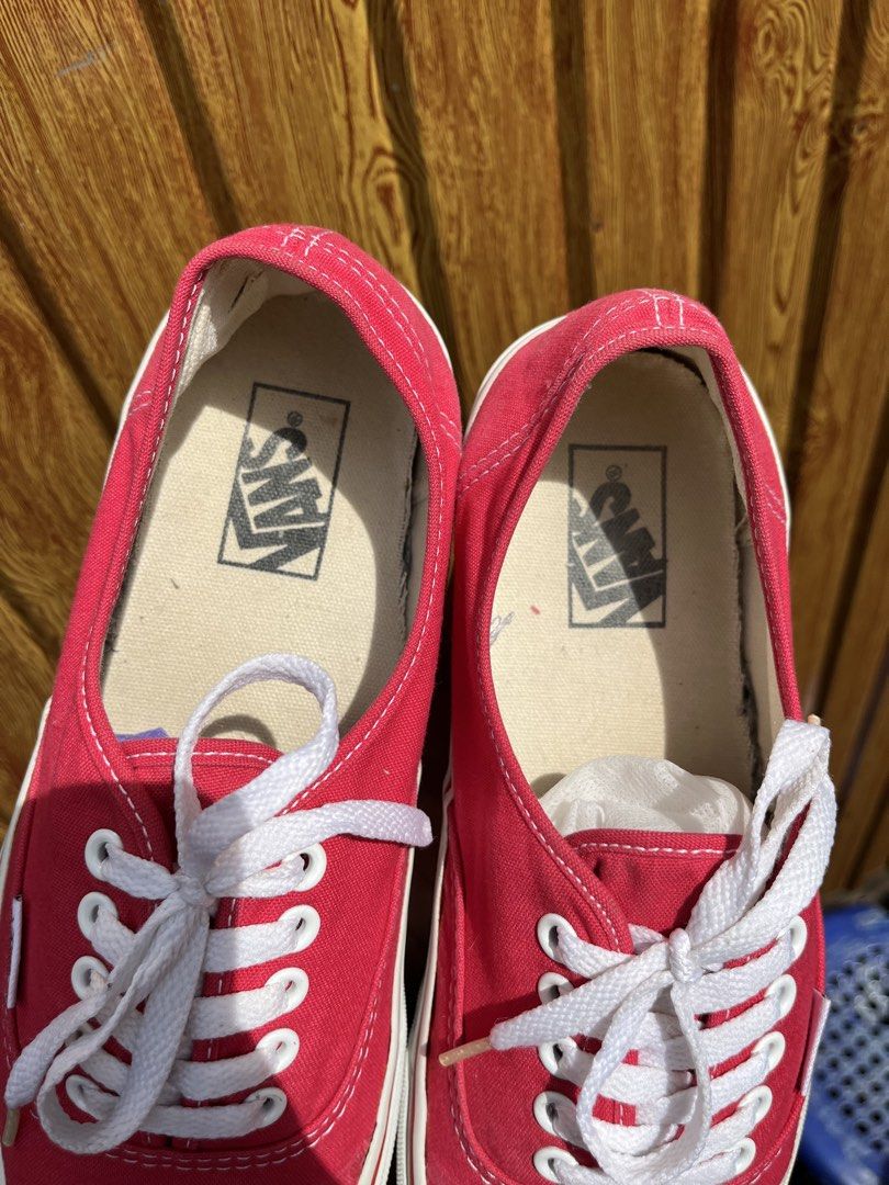 Red Vans Authentic Sneakers (Category: Sneakers) located in Manila. Submitted by lj_thrifter (Listing ID 1463445614, Image 3). Description: - Classic red Vans Authentic sneakers - Size US Men 8.5 / women 10 - Excellent condition - Color rate 9/10 - No crack, no issue - White laces and white sole - Iconic Vans logo on heel tab and inside - Staple for any casual outfit - Great for everyday wear - Signature waffle sole for grip.