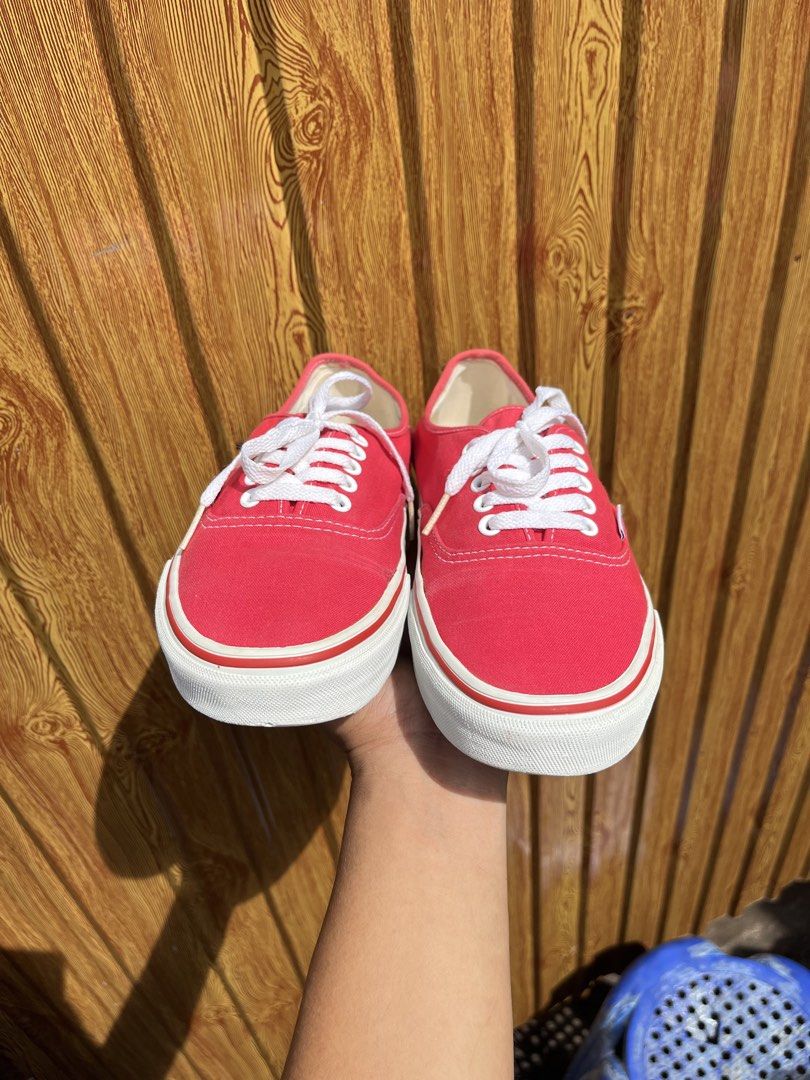 Red Vans Authentic Sneakers (Category: Sneakers) located in Manila. Submitted by lj_thrifter (Listing ID 1463445614, Image 2). Description: - Classic red Vans Authentic sneakers - Size US Men 8.5 / women 10 - Excellent condition - Color rate 9/10 - No crack, no issue - White laces and white sole - Iconic Vans logo on heel tab and inside - Staple for any casual outfit - Great for everyday wear - Signature waffle sole for grip.