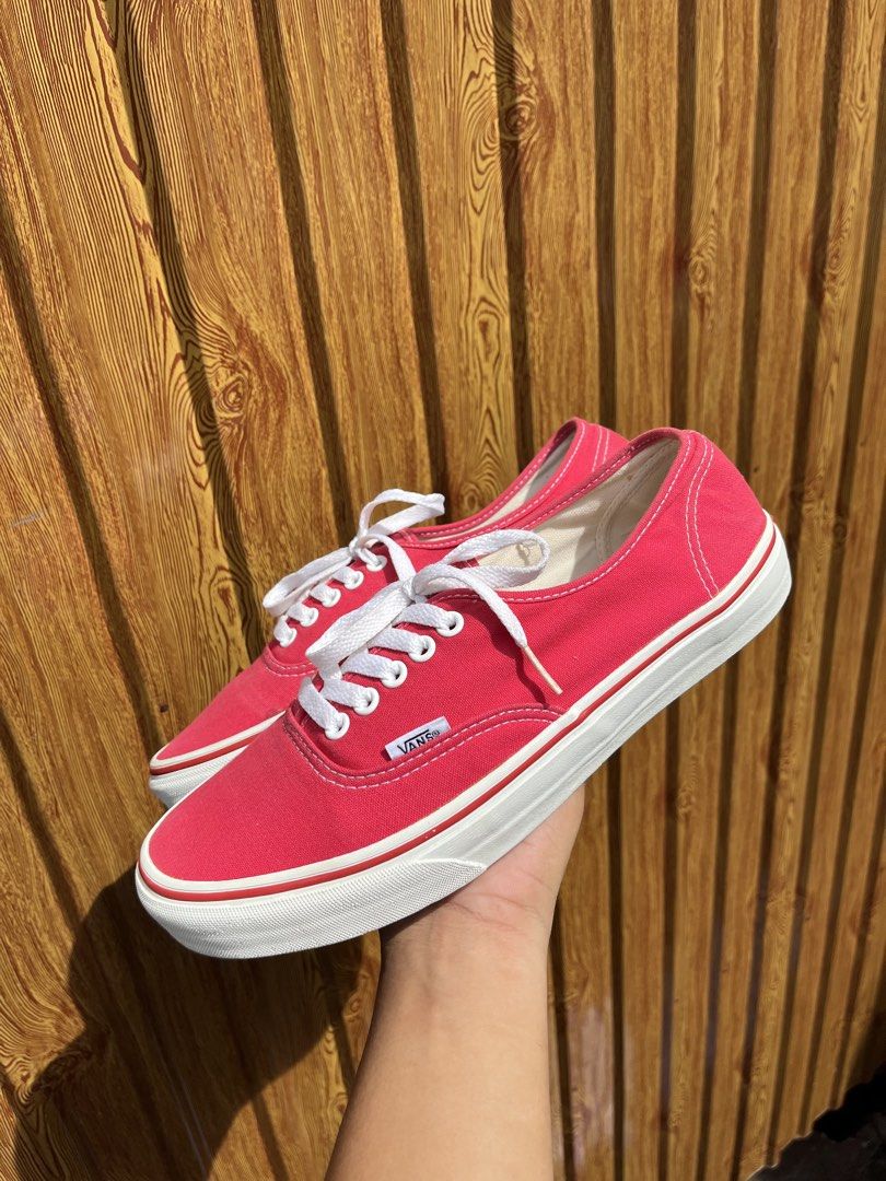 Red Vans Authentic Sneakers (Category: Sneakers) located in Manila. Submitted by lj_thrifter (Listing ID 1463445614, Image 1). Description: - Classic red Vans Authentic sneakers - Size US Men 8.5 / women 10 - Excellent condition - Color rate 9/10 - No crack, no issue - White laces and white sole - Iconic Vans logo on heel tab and inside - Staple for any casual outfit - Great for everyday wear - Signature waffle sole for grip.