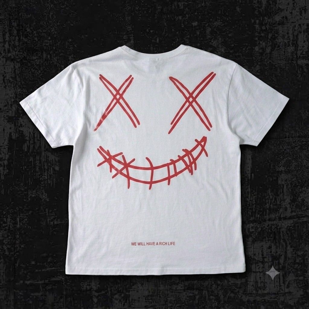 Rickyisclown white tee (Category: Tshirts & Polo Shirts ) located in Pasig City. Submitted by rjkfindsofficial (Listing ID 1463344025, Image 2). Description: - Brand: RIC Rickyisclown - Color: White - Graphic: Red smiley face on front, larger smiley with text 'WE WILL HAVE A RICH LIFE' on back - Material: 100% Cotton - Size: Medium (M) - Issue: Minimal stain (di halata) .