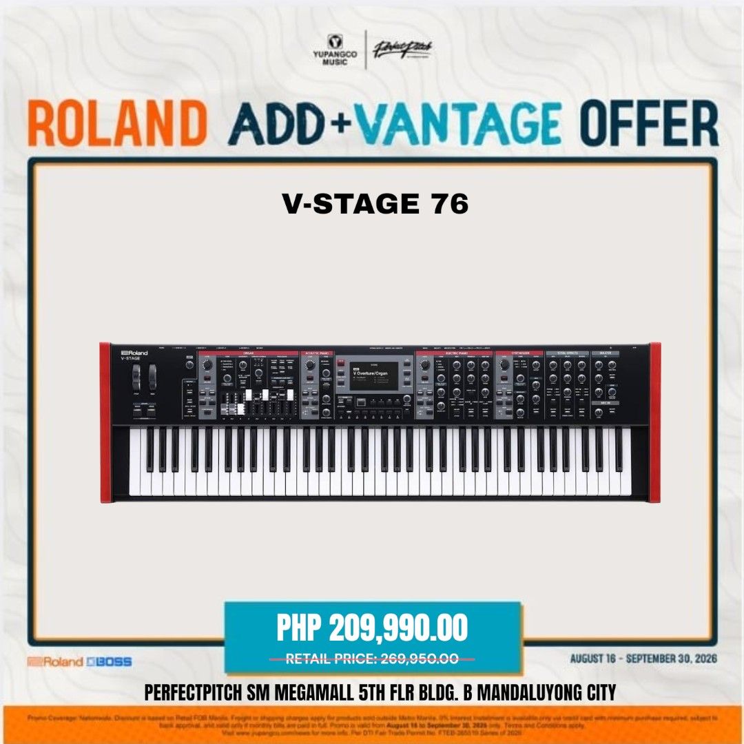 Roland V-Stage 88 Digital Piano work station (Category: Musical Instruments) located in Quezon City. Submitted by marvincaoile (Listing ID 1463386569, Image 2). Description: - Roland V-Stage 88 - Ideal for live performances and studio use - Features a realistic piano feel - Part of the Roland Add+Vantage Offer - Available at Perfectpitch SM Megamall PERFECT PITCH SM MEGAMALL 5TH FLOOR BUILDING B. FOR MORE INFORMATION PLEASE CALL 09277779437 - MAR